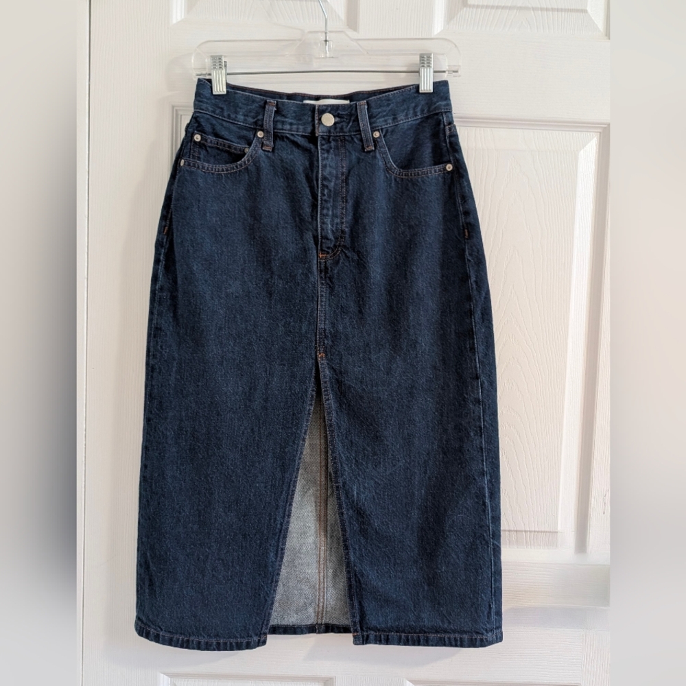 Aritzia Denim Forum The '90s Halle Denim Midi Skirt Dark Wash Sz 26 Boho  Retro